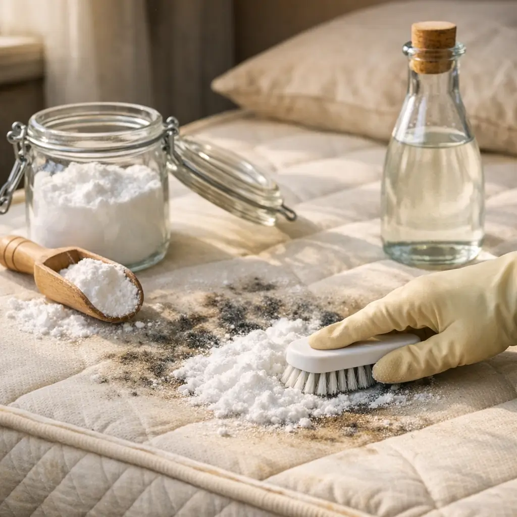 Como tirar mofo do colchão com bicarbonato e vinagre esfregando escova sobre mancha de mofo