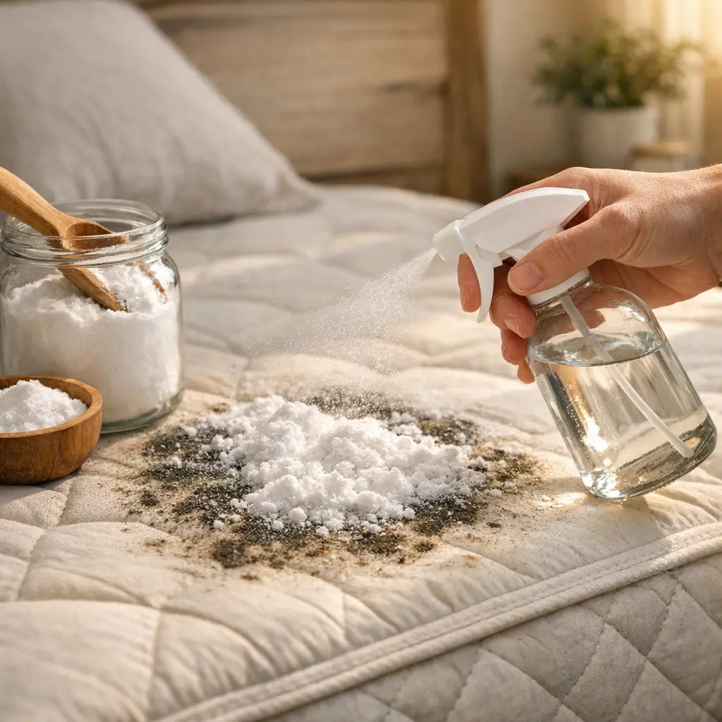 Como tirar mofo do colchão com bicarbonato e vinagre sendo borrifados sobre mancha de mofo no colchão