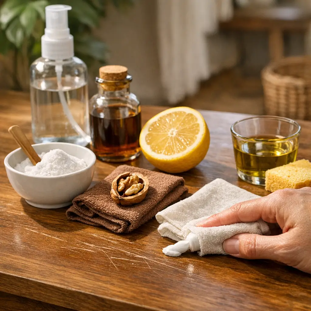 Como tirar risco de móvel sem estragar a pintura: mão com pano e creme em mesa de madeira, limão e frascos