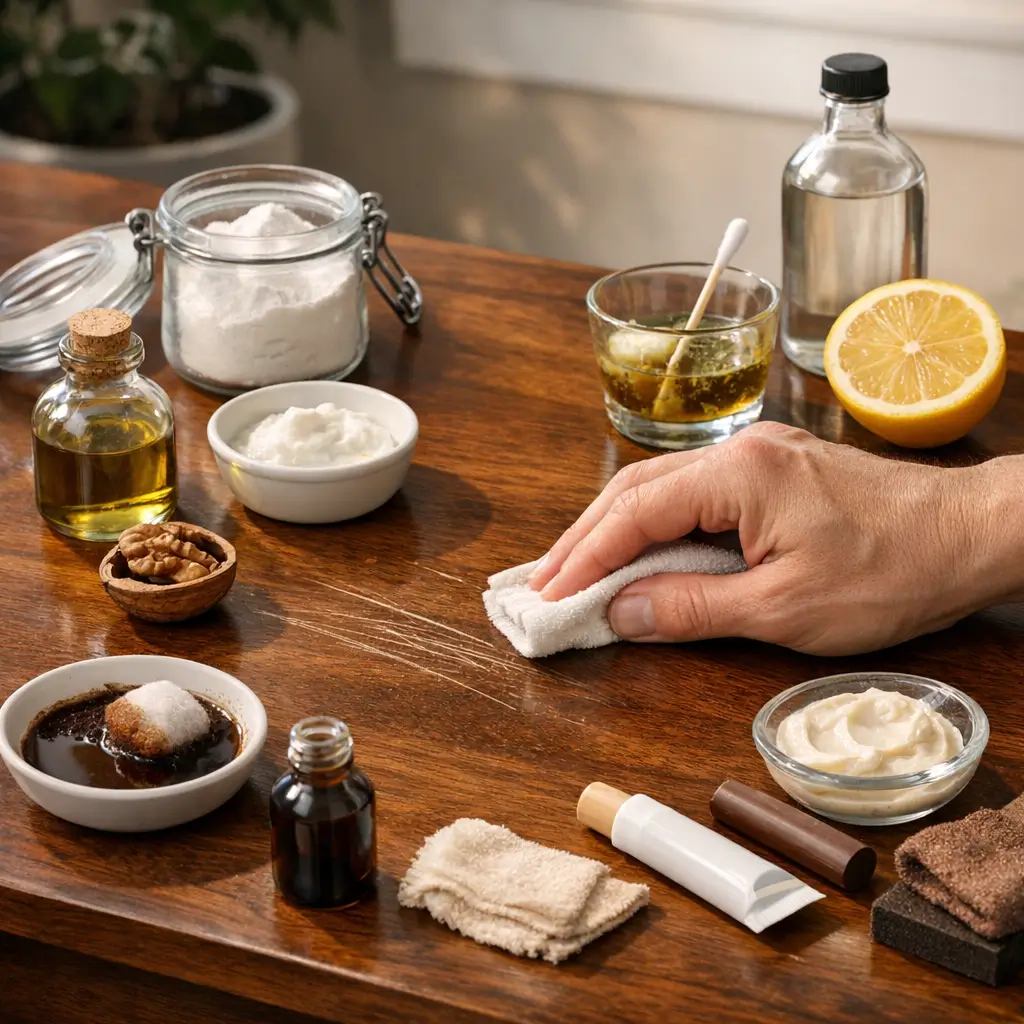 Como tirar risco de móvel sem estragar a pintura: mão passando pano em mesa de madeira riscada, limão e frascos