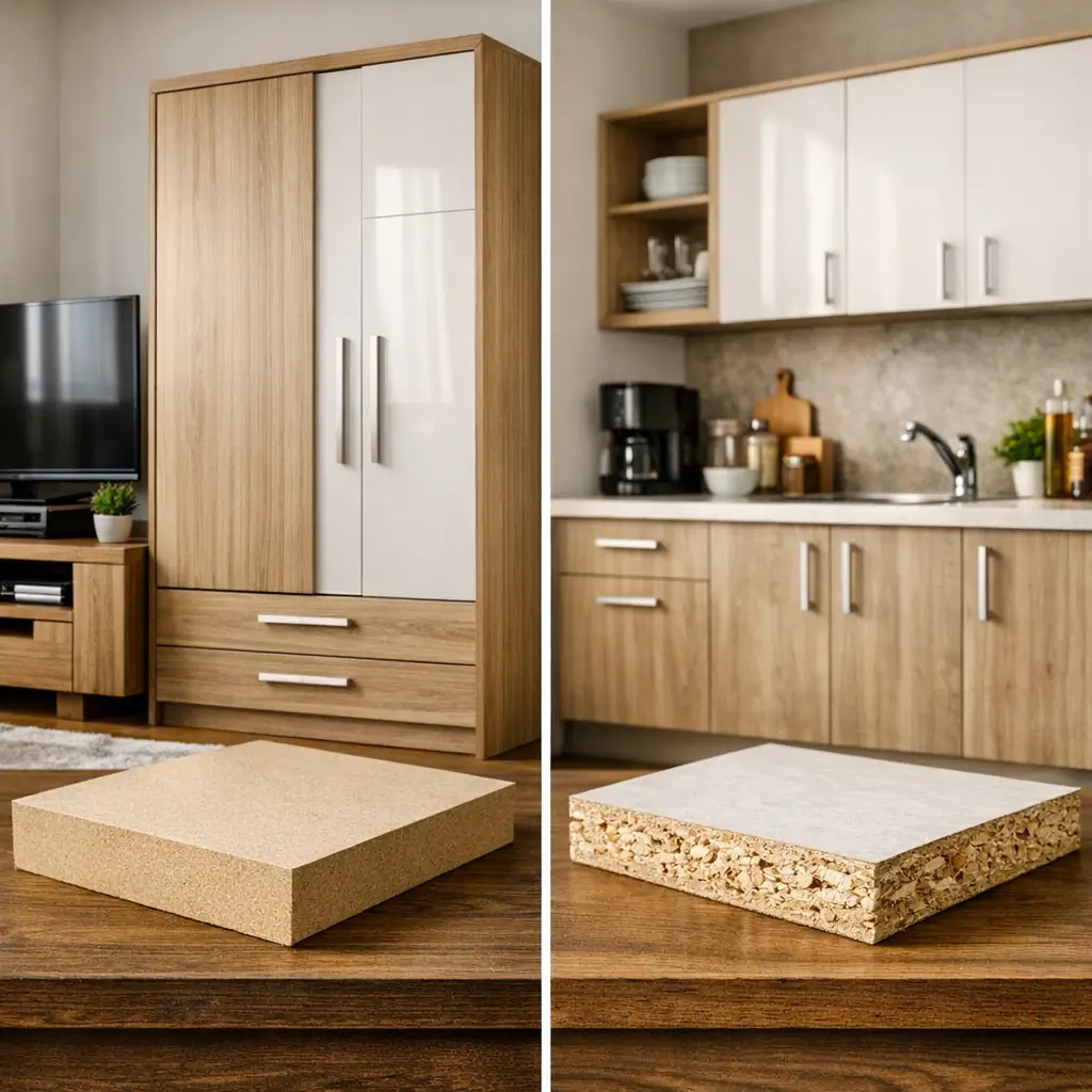 Diferença entre MDF e MDP: qual é melhor? Guarda-roupa, armário de cozinha e placas de MDF e MDP sobre mesa