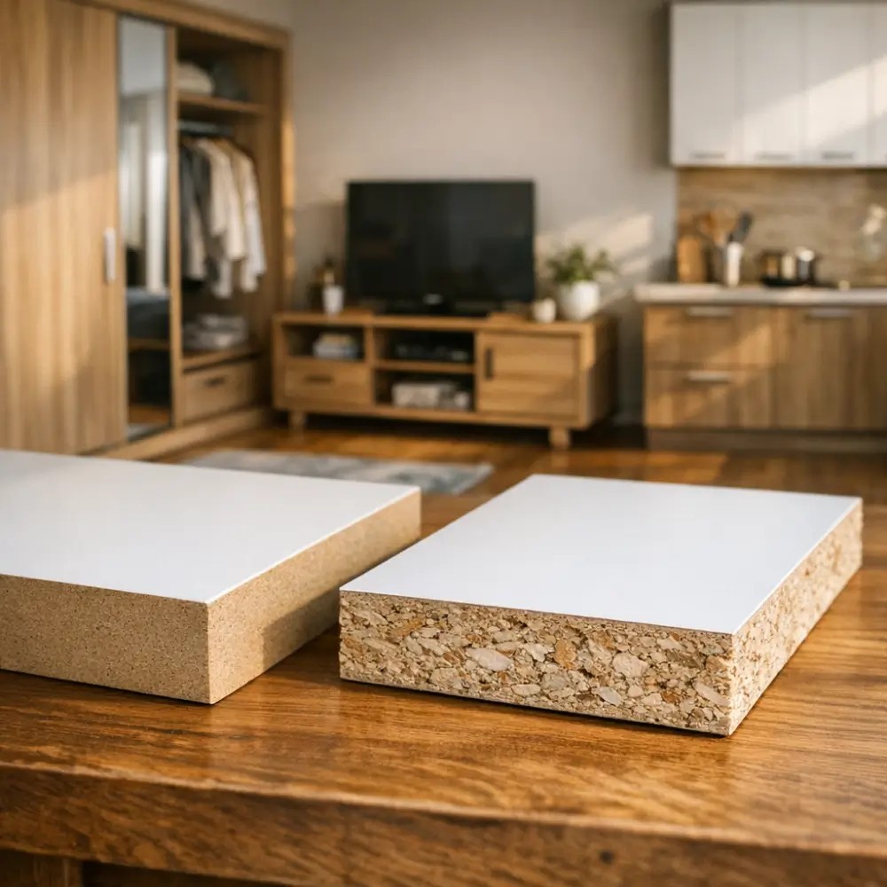 Diferença entre MDF e MDP: qual é melhor? Placas de MDF e MDP sobre mesa em sala com móveis de madeira