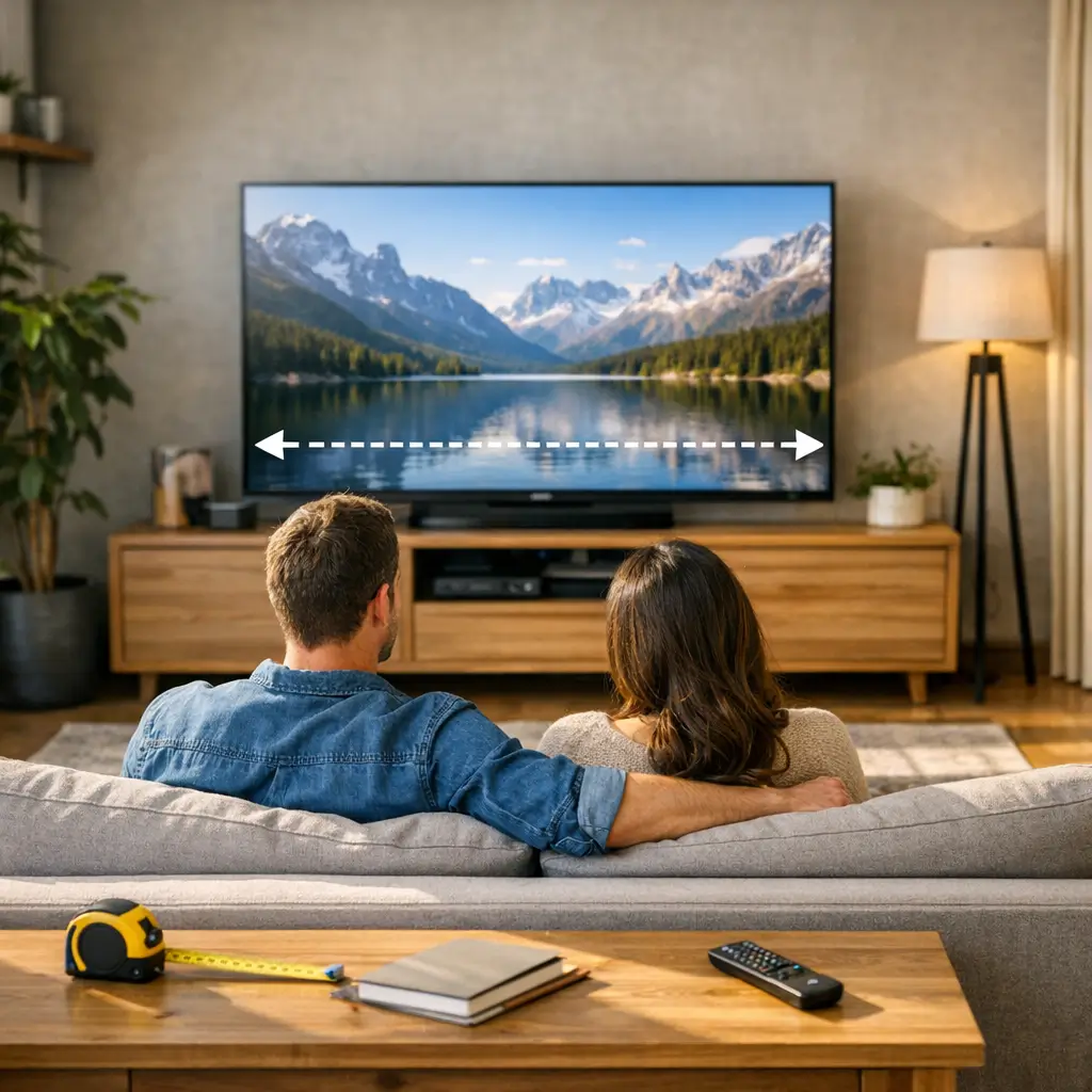 Distância ideal da TV para o sofá: como calcular, casal no sofá e seta na TV