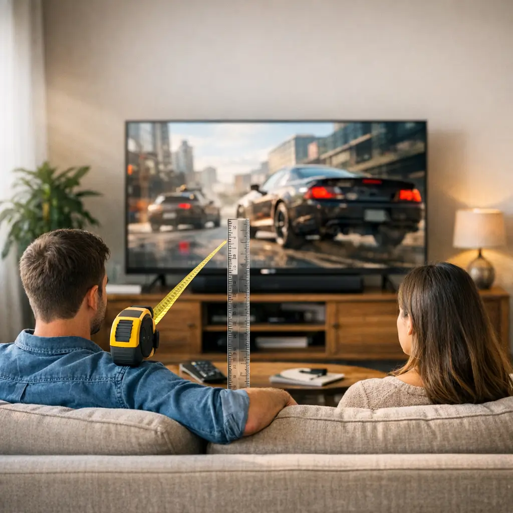 Distância ideal da TV para o sofá: como calcular, trena e régua medindo TV com casal no sofá