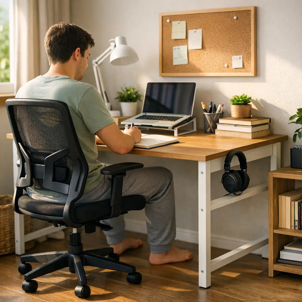 Escrivaninha barata pra estudar em casa: dicas simples com homem escrevendo em caderno em mesa de madeira