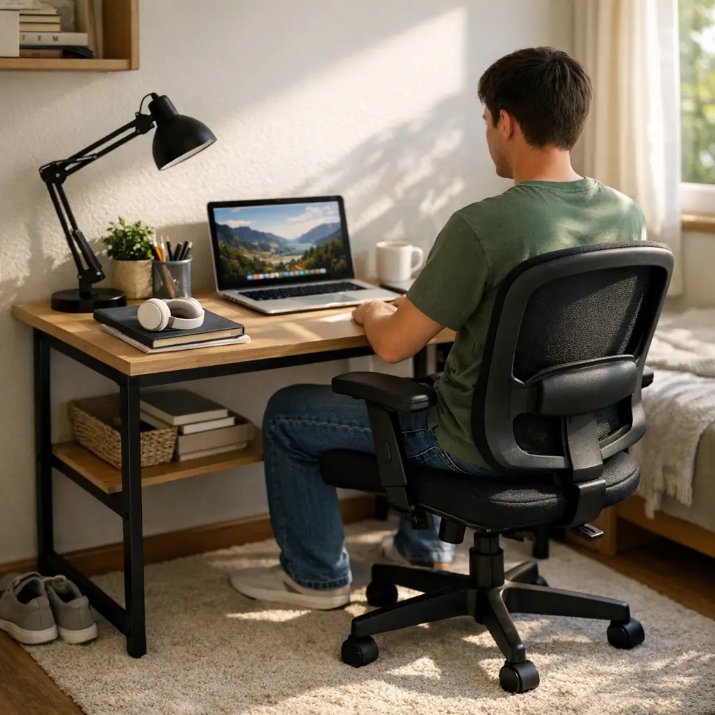 Escrivaninha barata pra estudar em casa: dicas simples com homem usando notebook em mesa de madeira no quarto