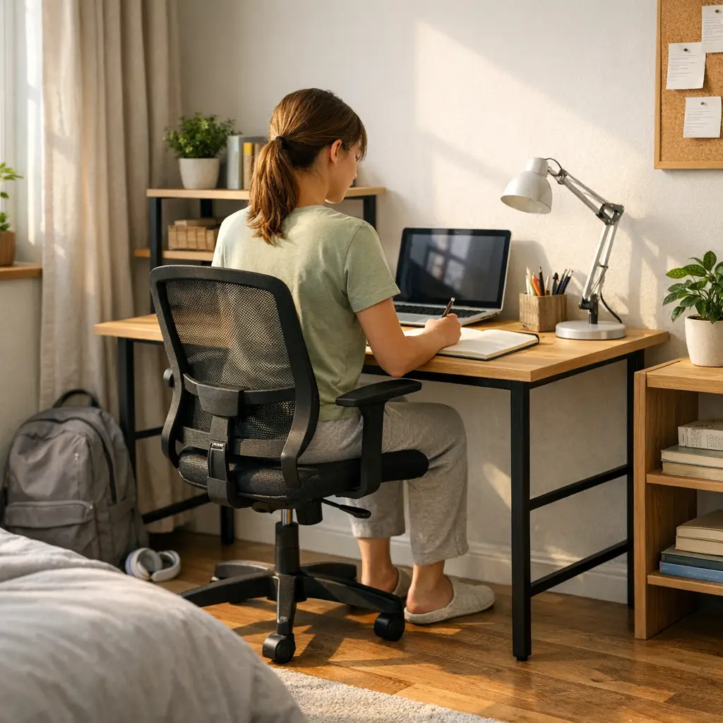 Escrivaninha barata pra estudar em casa: dicas simples com jovem escrevendo em caderno em frente ao notebook