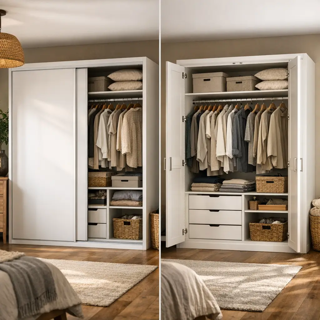 Guarda-roupa com porta de correr ou de abrir: qual escolher, portas abertas e roupas penduradas