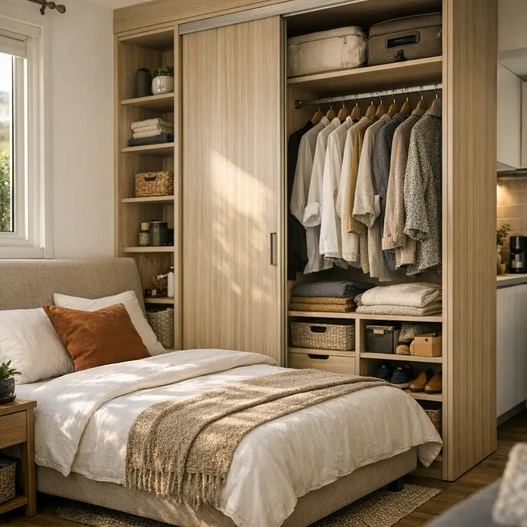 Guarda-roupa para kitnet: como escolher e organizar roupas, caixas e sapatos em armário ao lado da cama