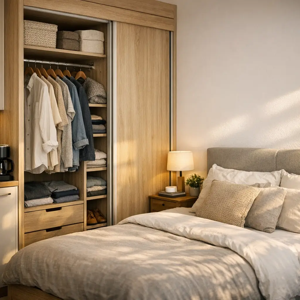 Guarda-roupa para kitnet: como escolher e organizar roupas em cabides, prateleiras e gavetas ao lado da cama