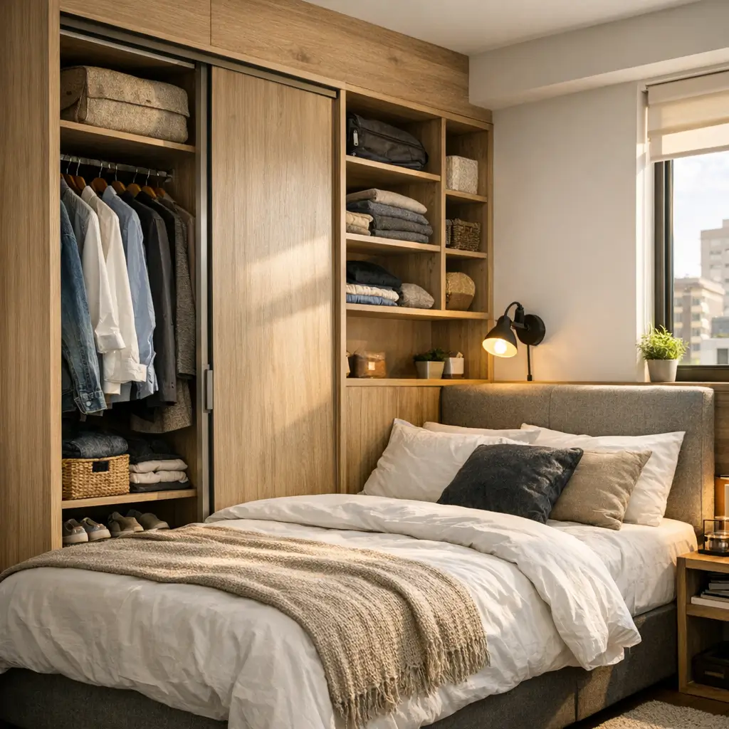 Guarda-roupa para kitnet: como escolher e organizar roupas em cabides, prateleiras e nichos ao lado da cama