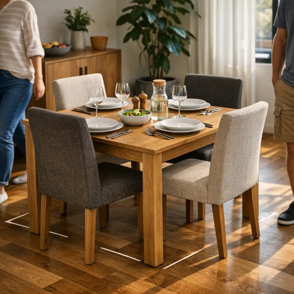 Medidas de mesa de jantar 4 lugares: tamanho ideal, mesa posta e marcação no piso