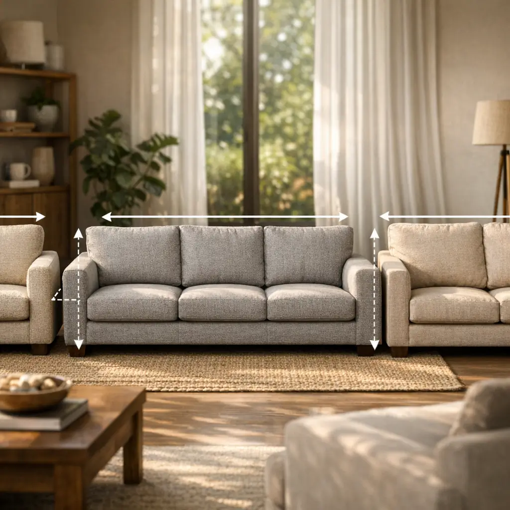 Medidas padrão de sofá: 2, 3 e 4 lugares, sofá cinza com setas de largura e altura