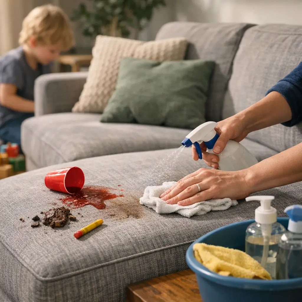Melhor tecido de sofá para casa com criança: tipos e dicas, adulto limpando mancha de suco e comida em sofá cinza com borrifador