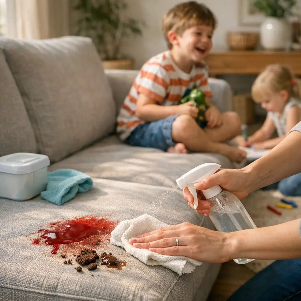 Melhor tecido de sofá para casa com criança: tipos e dicas, adulto limpando mancha no sofá cinza enquanto crianças brincam ao fundo