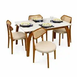 Mesa De Jantar Agata 135x90cm Com Vidro E 4 Cadeiras Athenas Em Linho Madeira Lj Moveis Cinamomo Off White Com Tecido Bege 78334
