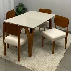 Mesa De Jantar Agata 135x90cm Com Vidro E 4 Cadeiras Barcelona Em Linho Madeira Lj Moveis 74919