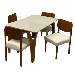 Mesa De Jantar Agata 135x90cm Com Vidro E 4 Cadeiras Barcelona Em Linho Madeira Lj Moveis Cinamomo Off White Com Tecido Bege 80333
