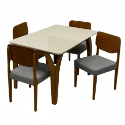 Mesa De Jantar Agata 135x90cm Com Vidro E 4 Cadeiras Barcelona Em Linho Madeira Lj Moveis Cinamomo Off White Com Tecido Cinza 83790