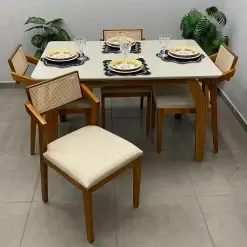 Mesa De Jantar Agata 135x90cm Com Vidro E 4 Cadeiras Berlim Hr Em Linho Madeira Lj Moveis 93157