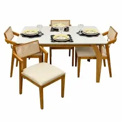 Mesa De Jantar Agata 135x90cm Com Vidro E 4 Cadeiras Berlim Hr Em Linho Madeira Lj Moveis Cinamomo Off White Com Tecido Bege 20898