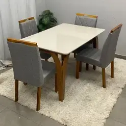 Mesa De Jantar Agata 135x90cm Com Vidro E 4 Cadeiras California Em Linho Estofadas Lj Moveis 88383