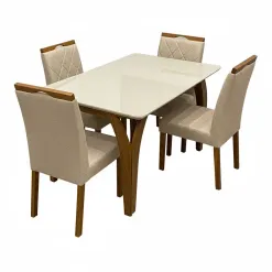 Mesa De Jantar Agata 135x90cm Com Vidro E 4 Cadeiras California Em Linho Estofadas Lj Moveis Cinamomo Off White Com Tecido Bege 11799