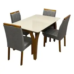 Mesa De Jantar Agata 135x90cm Com Vidro E 4 Cadeiras California Em Linho Estofadas Lj Moveis Cinamomo Off White Com Tecido Cinza 55539