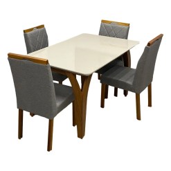 Mesa De Jantar Agata 135x90cm Com Vidro E 4 Cadeiras California Em Linho Estofadas Lj Moveis Cinamomo Off White Com Tecido Cinza 55539