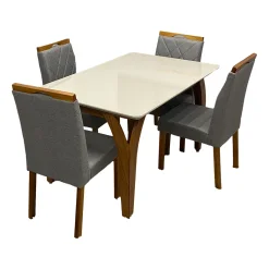 Mesa De Jantar Agata 135x90cm Com Vidro E 4 Cadeiras California Em Veludo Estofadas Lj Moveis Cinamomo Off White Com Tecido Cinza 59017