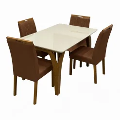 Mesa De Jantar Agata 135x90cm Com Vidro E 4 Cadeiras California Em Veludo Estofadas Lj Moveis Cinamomo Off White Com Tecido Marrom 70199