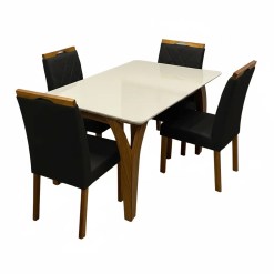 Mesa De Jantar Agata 135x90cm Com Vidro E 4 Cadeiras California Em Veludo Estofadas Lj Moveis Cinamomo Off White Com Tecido Preto 80578