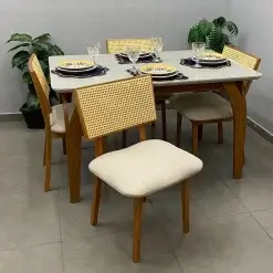 Mesa De Jantar Agata 135x90cm Com Vidro E 4 Cadeiras Diamante Em Linho Madeira Lj Moveis 37344