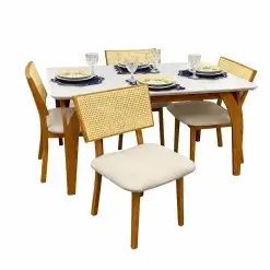 Mesa De Jantar Agata 135x90cm Com Vidro E 4 Cadeiras Diamante Em Linho Madeira Lj Moveis Cinamomo Off White Com Tecido Bege 53003