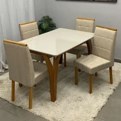 Mesa De Jantar Agata 135x90cm Com Vidro E 4 Cadeiras Giulia Em Linho Estofadas Lj Moveis 21959