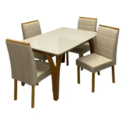 Mesa De Jantar Agata 135x90cm Com Vidro E 4 Cadeiras Giulia Em Linho Estofadas Lj Moveis Cinamomo Off White Com Tecido Bege 51683
