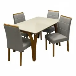 Mesa De Jantar Agata 135x90cm Com Vidro E 4 Cadeiras Giulia Em Veludo Estofadas Lj Moveis Cinamomo Off White Com Tecido Cinza 17251