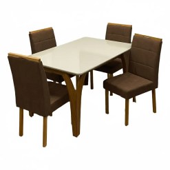 Mesa De Jantar Agata 135x90cm Com Vidro E 4 Cadeiras Giulia Em Veludo Estofadas Lj Moveis Cinamomo Off White Com Tecido Marrom 86961
