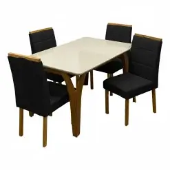 Mesa De Jantar Agata 135x90cm Com Vidro E 4 Cadeiras Giulia Em Veludo Estofadas Lj Moveis Cinamomo Off White Com Tecido Preto 61203