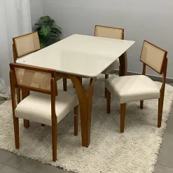 Mesa De Jantar Agata 135x90cm Com Vidro E 4 Cadeiras Grecia Em Linho Madeira Lj Moveis 58298