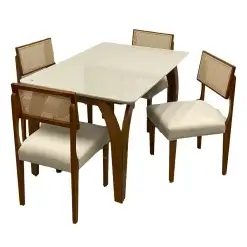 Mesa De Jantar Agata 135x90cm Com Vidro E 4 Cadeiras Grecia Em Linho Madeira Lj Moveis Cinamomo Off White Com Tecido Bege 76099