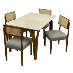 Mesa De Jantar Agata 135x90cm Com Vidro E 4 Cadeiras Grecia Em Linho Madeira Lj Moveis Cinamomo Off White Com Tecido Cinza 98732