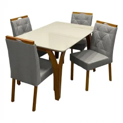 Mesa De Jantar Agata 135x90cm Com Vidro E 4 Cadeiras Jasmim Em Linho Estofadas Lj Moveis Cinamomo Off White Com Tecido Cinza 65674