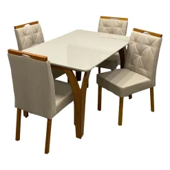 Mesa De Jantar Agata 135x90cm Com Vidro E 4 Cadeiras Jasmim Em Veludo Estofadas Lj Moveis Cinamomo Off White Com Tecido Bege 46483