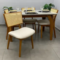 Mesa De Jantar Agata 135x90cm Com Vidro E 4 Cadeiras Livia Em Linho Madeira Lj Moveis 30687