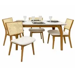 Mesa De Jantar Agata 135x90cm Com Vidro E 4 Cadeiras Livia Em Linho Madeira Lj Moveis Cinamomo Off White Com Tecido Bege 63042