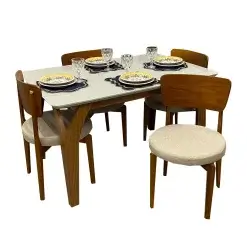 Mesa De Jantar Agata 135x90cm Com Vidro E 4 Cadeiras Maldivas Em Linho Madeira Lj Moveis Cinamomo Off White Com Tecido Bege 50907