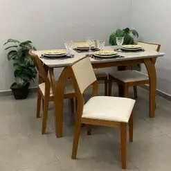 Mesa De Jantar Agata 135x90cm Com Vidro E 4 Cadeiras Oiti Em Linho Madeira Lj Moveis 14523