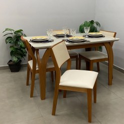 Mesa De Jantar Agata 135x90cm Com Vidro E 4 Cadeiras Oiti Em Linho Madeira Lj Moveis 14523