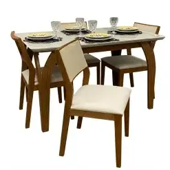 Mesa De Jantar Agata 135x90cm Com Vidro E 4 Cadeiras Oiti Em Linho Madeira Lj Moveis Cinamomo Off White Com Tecido Bege 37031